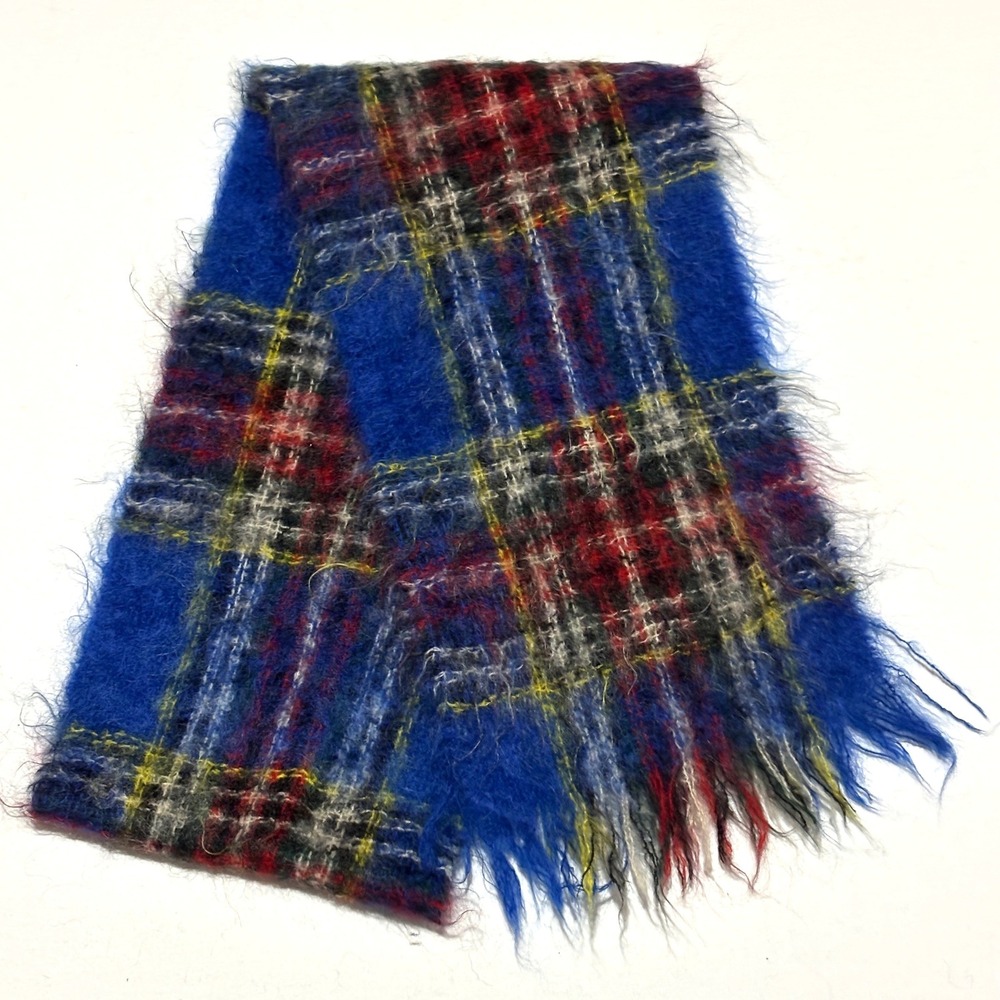 Vtg Glentana Scarf Unisex OS Blue Mohair Wool Plaid Made Scotland Fuzzy Tartan